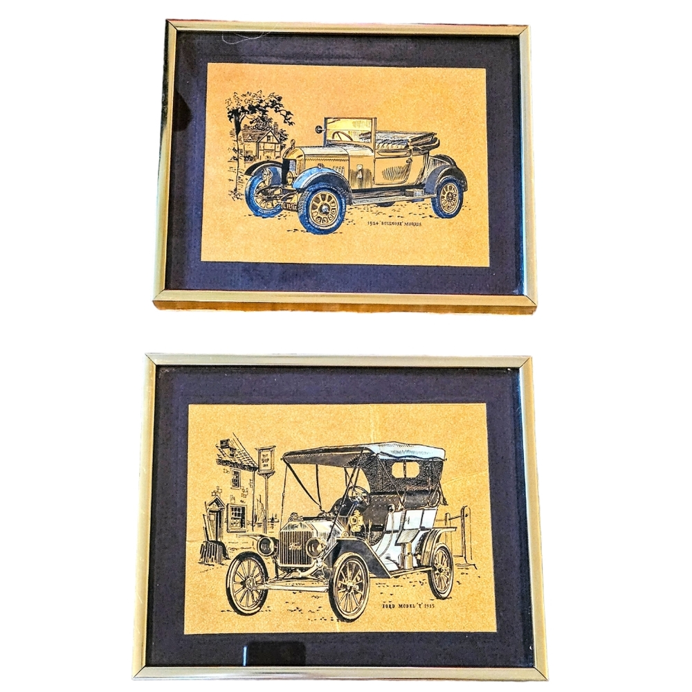 Vintage 80s Dufex Gold Foil Prints Model T & Bullnose Morris Cars Framed Set 2